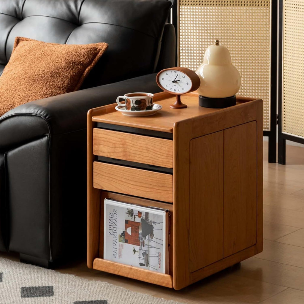YESWOOD Solid Cherry Wood Side Table with Wheels, Narrow Side Tables with Storage Drawers, Rolling Wood Nightstand for Bedroom Living Room Study(Cherry Color, 22.76" H)