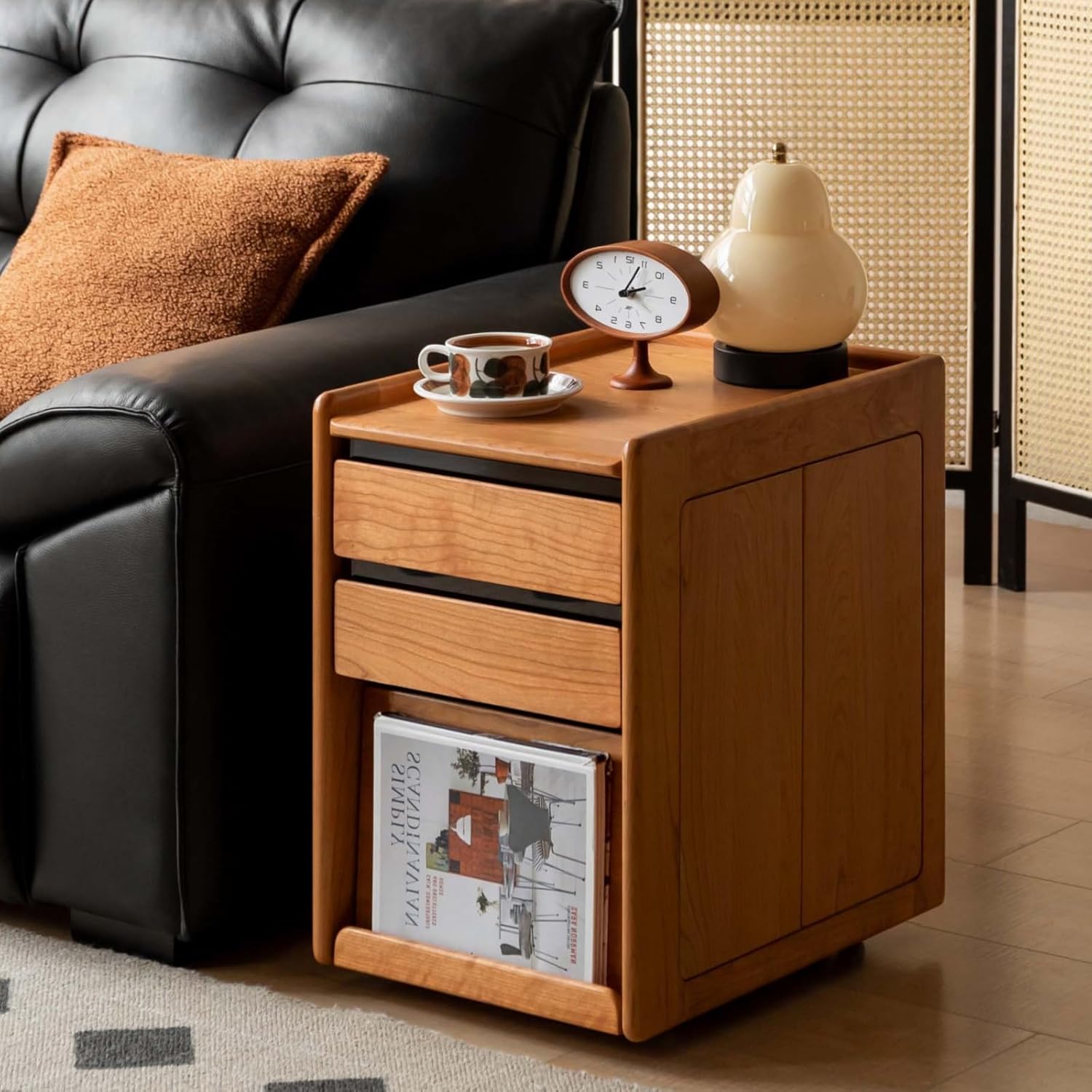 YESWOOD Solid Cherry Wood Side Table with Wheels, Narrow Side Tables with Storage Drawers, Rolling Wood Nightstand for Bedroom Living Room Study(Cherry Color, 22.76" H)