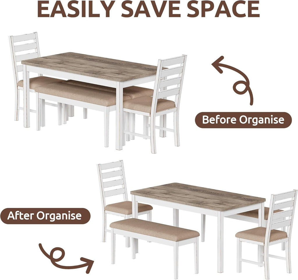 59" Farmhouse Dining Table Set for 6, White Rectangular Wood Table with Upholstered Chairs & Bench for Kitchen or Dining Room (2chiars&2bench)