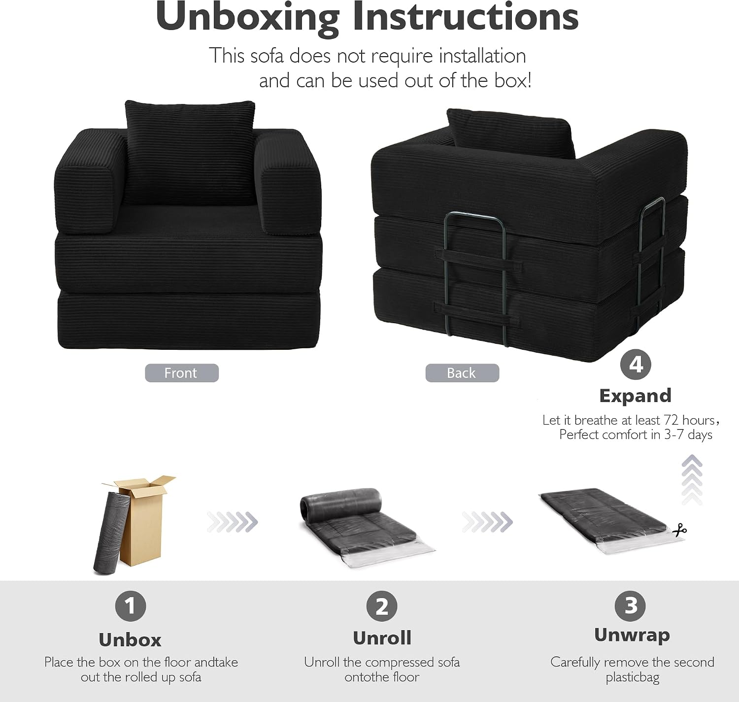 37.4in Convertible Sofa Bed, Corduroy Couch Bed, Futon Sleeper Sofa Pull Out Bed, Foldable Couch for Living Room Apartment, No Assembly Required