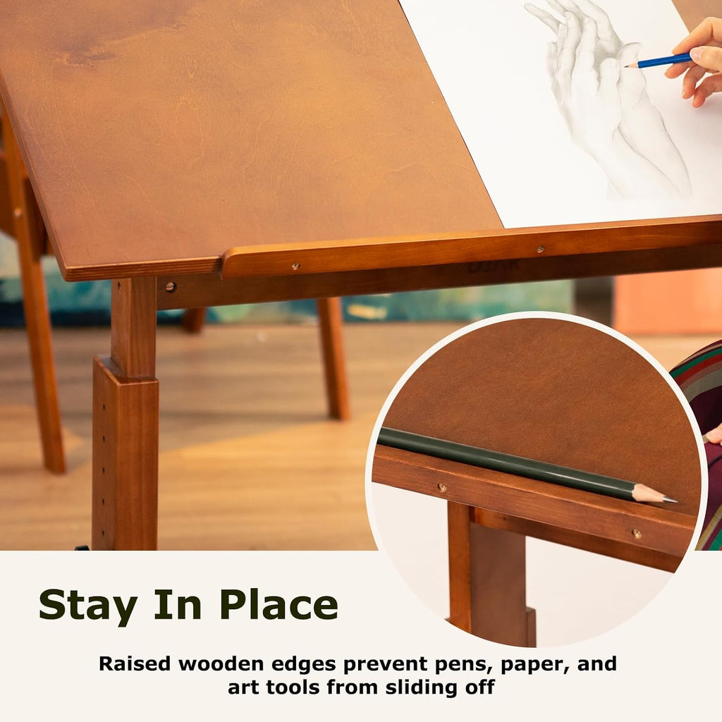 DJAR 42x30 Adjustable Wooden Drafting Table & Art Drawing Desk, Walnut | Large Tilting Desktop for Painting, Sketching & Writing, Sturdy Workspace for Professional Artists and Designers