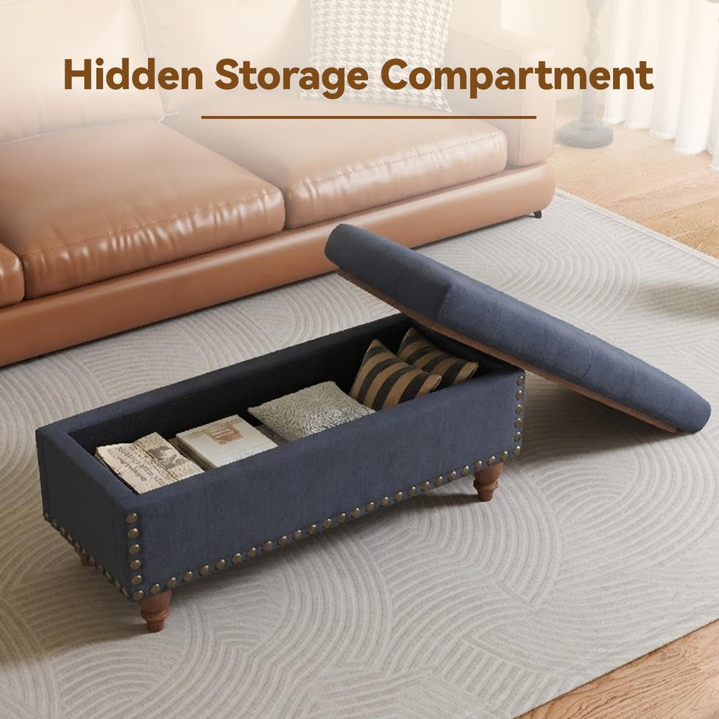 42'' End of Bed Storage Bench with Dual-Surface Lid, Upholstered Ottoman with Hidden Storage, Chenille Bench Seating with Wood Panel Seat for Entryway,Living Room,Bedroom-Blue