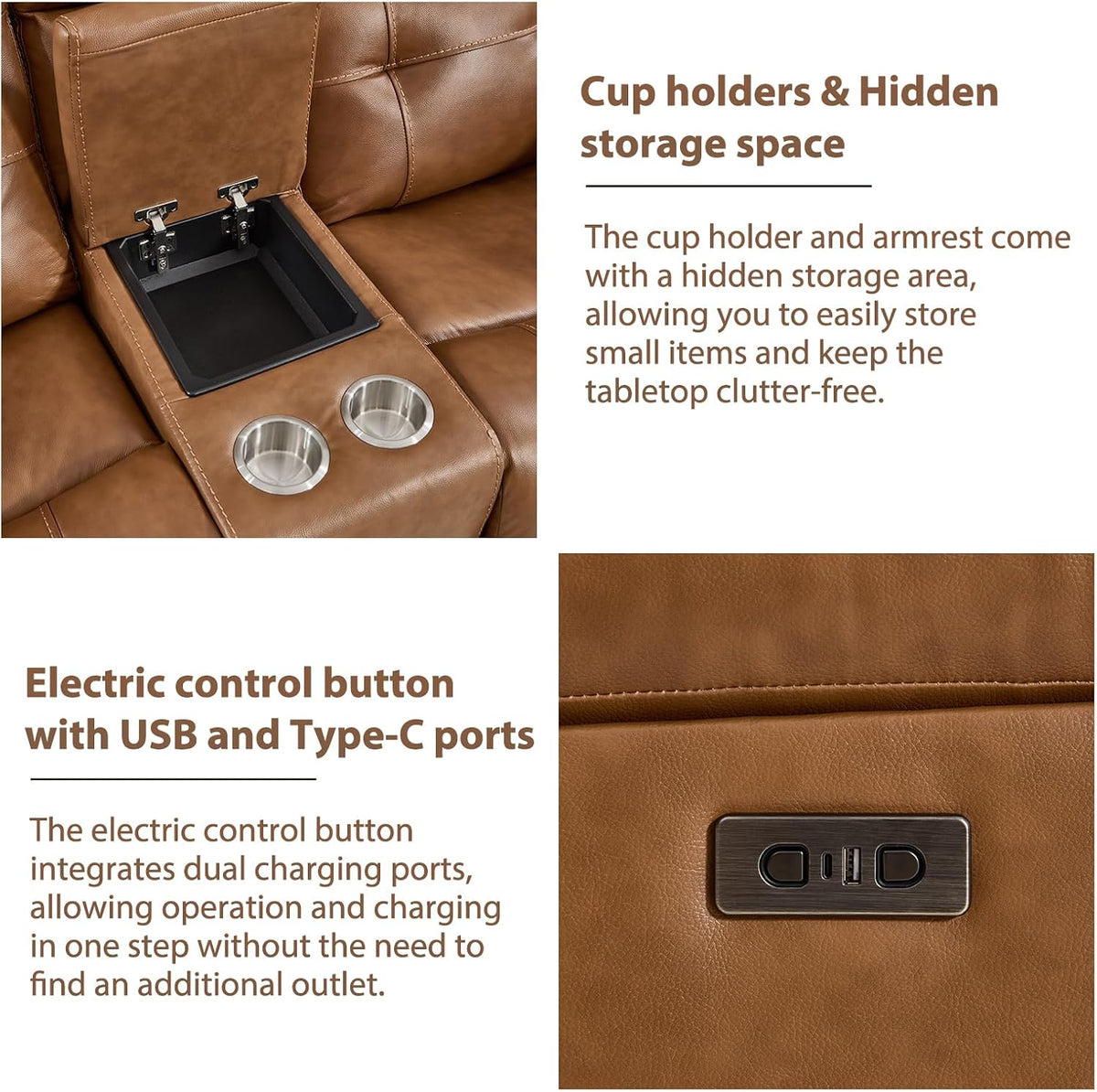 CANMOV Genuine Leather Power Recliner Loveseat, 2 Seat Loveseat Reclining Sofa with Storage Console,Hidden Cup Holders,Modern Electric Recliner Couch Set for Living Room, Bedroom,Brown