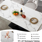 70in Faux Marble Dining Table for 6-8 Person, Modern White Kitchen Dining Room Table with Black X-Shape Carton Steel Pedestal Base, Large Rectangle Dinner Table for Kitchen Dining Room