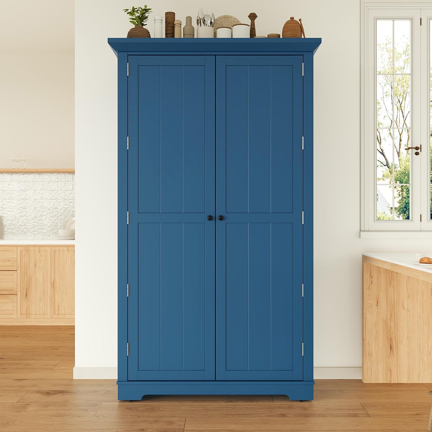 Merax 72" Tall Shaker Style Kitchen Pantry with 3 Drawers, Adjustable Shelves, Wood Cupboard Dining Storage Cabinet with Door Shelves and Pull-Out Trays for Living Room, Kitchen, Dining Room Blue
