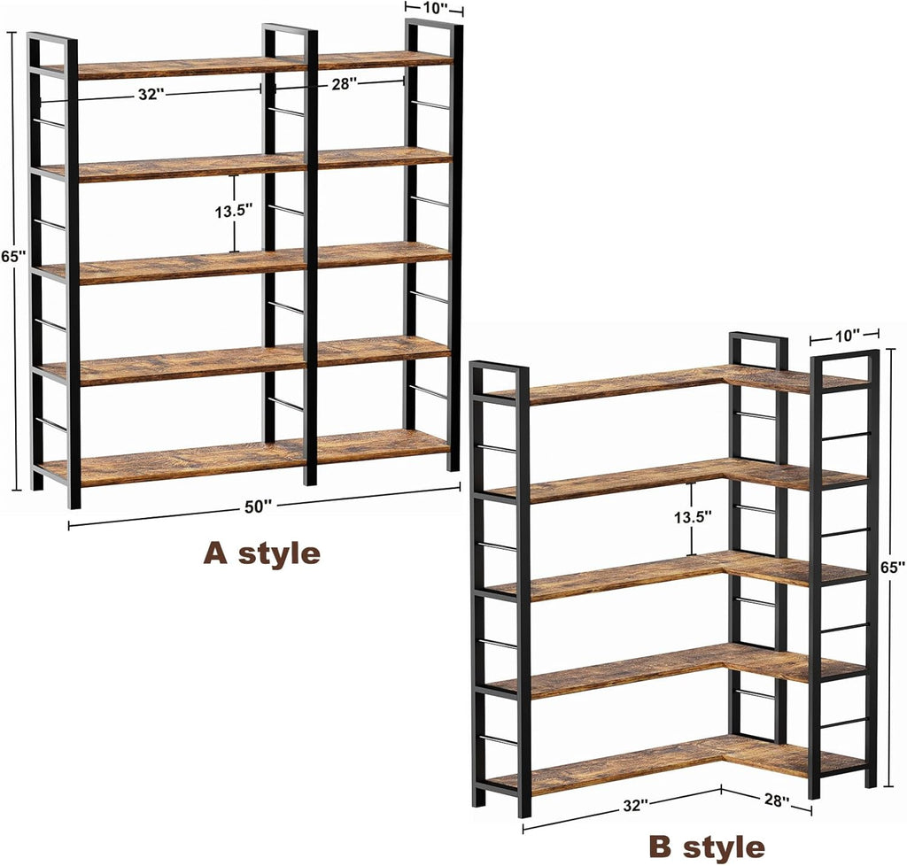 INNOD 65" X 50" Straight Wide 5 Tier Bookshelf with LED Light, L Shaped Bookcase with Adjustable Feet, Corner Book Case with 10 Open Shelves, Shelf Unit Display Shelf for Living Room, Home Office