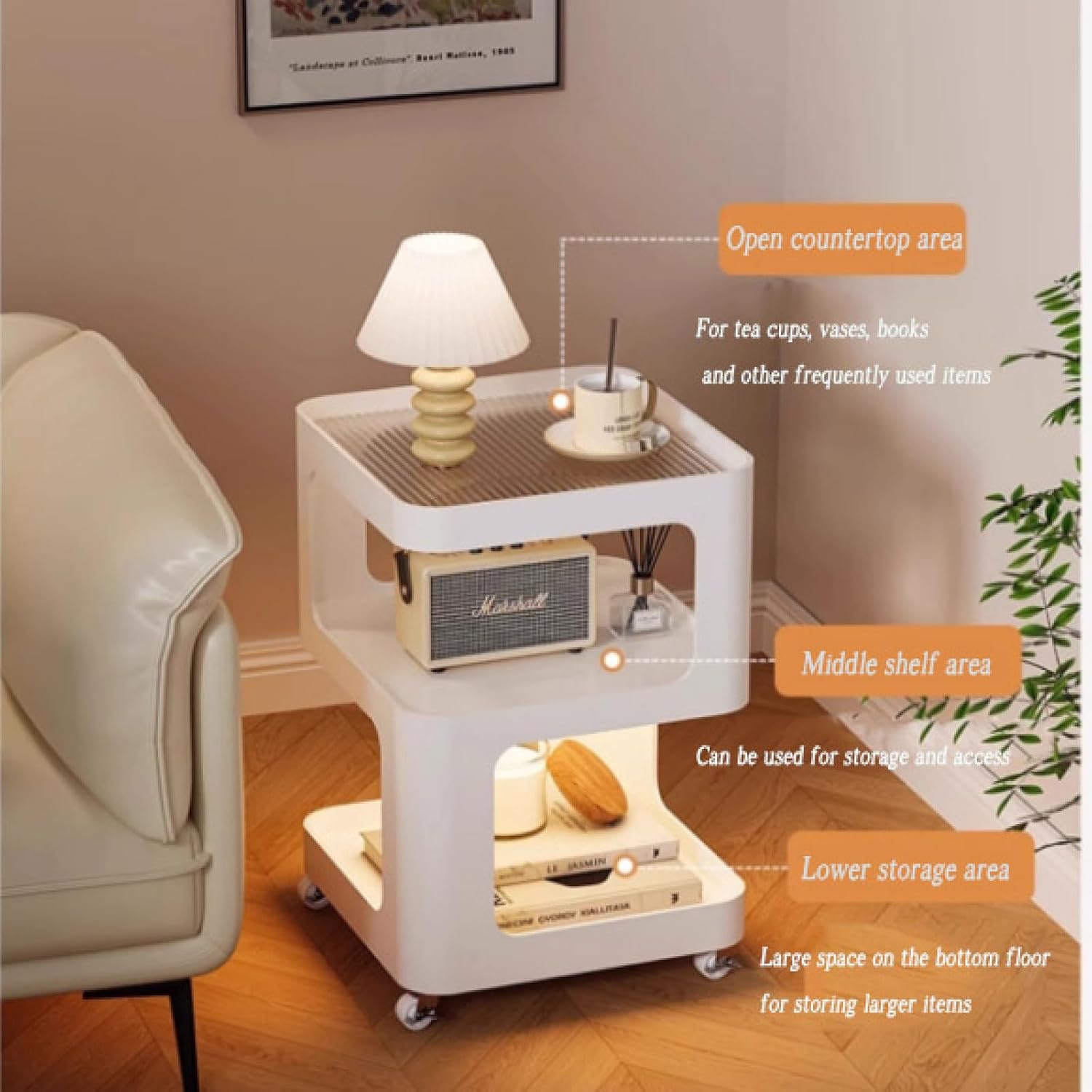 3-Tier End Table,Sofa End Can Rotate Square End Side Tables Glass Top Coffee Table with Sensor Light Accent Bedside Table with Storage Shelf Nightstand for Bedroom,Living Room,Kitchen,Bathroom