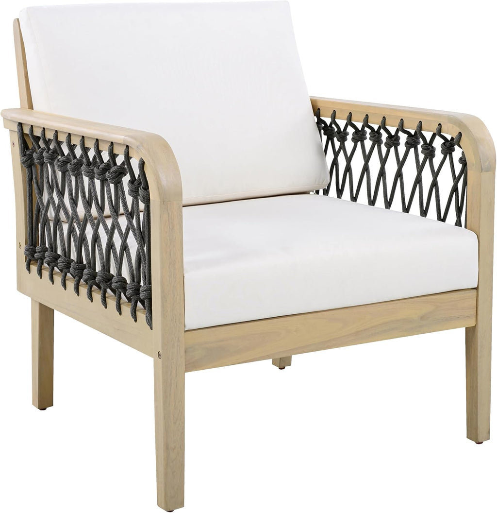 Outdoor Acacia Wood Club Chair with Handwoven Rope, Weather-Resistant, Set of 2, Light Teak Finish, 400 Lbs Capacity