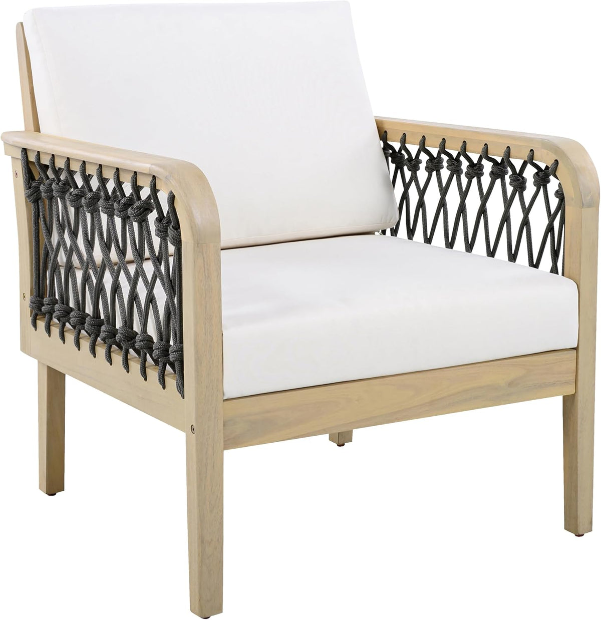 Outdoor Acacia Wood Club Chair with Handwoven Rope, Weather-Resistant, Set of 2, Light Teak Finish, 400 Lbs Capacity