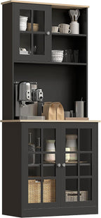 HOMCOM Kitchen Pantry Storage Cabinet 72" with Hutch, Black | Large Countertop, Freestanding, Glass Doors, Adjustable Shelves, Dining Room