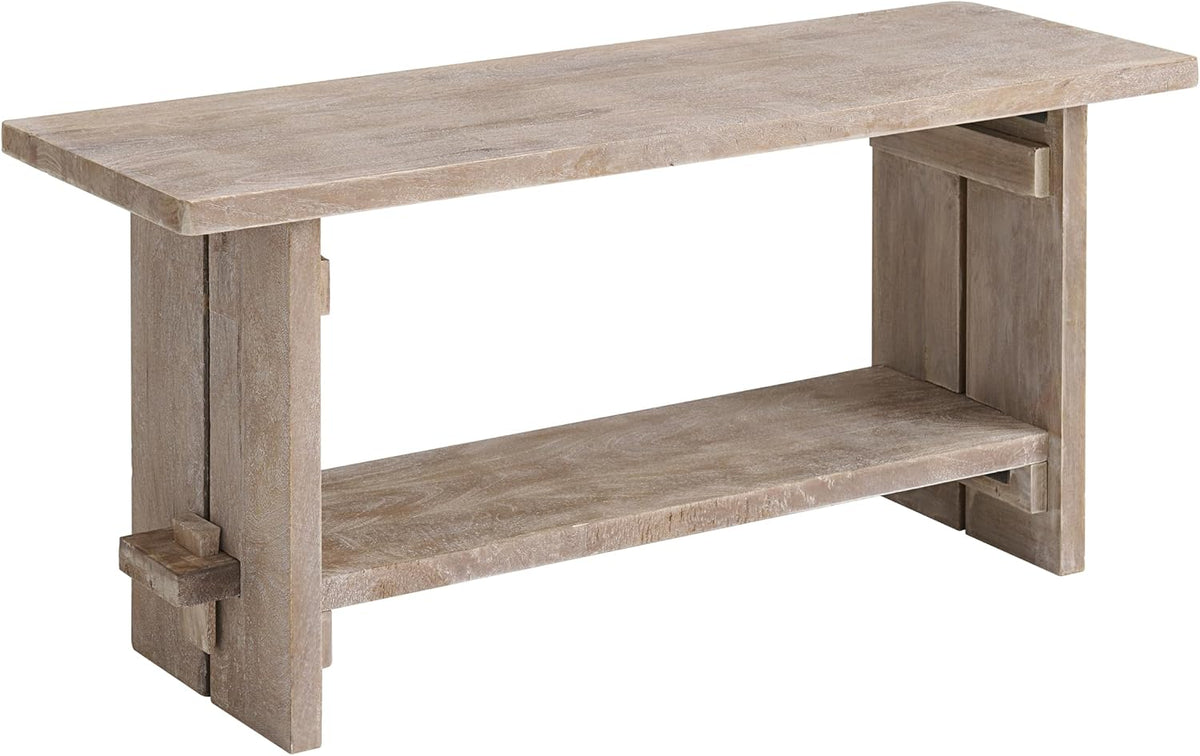 Alaterre Furniture Bethel Entryway Bench with Storage Shelf – Rustic Farmhouse 40-Inch Solid Acacia Wood Seat for Mudroom, Foyer or Hallway (Driftwood Finish)