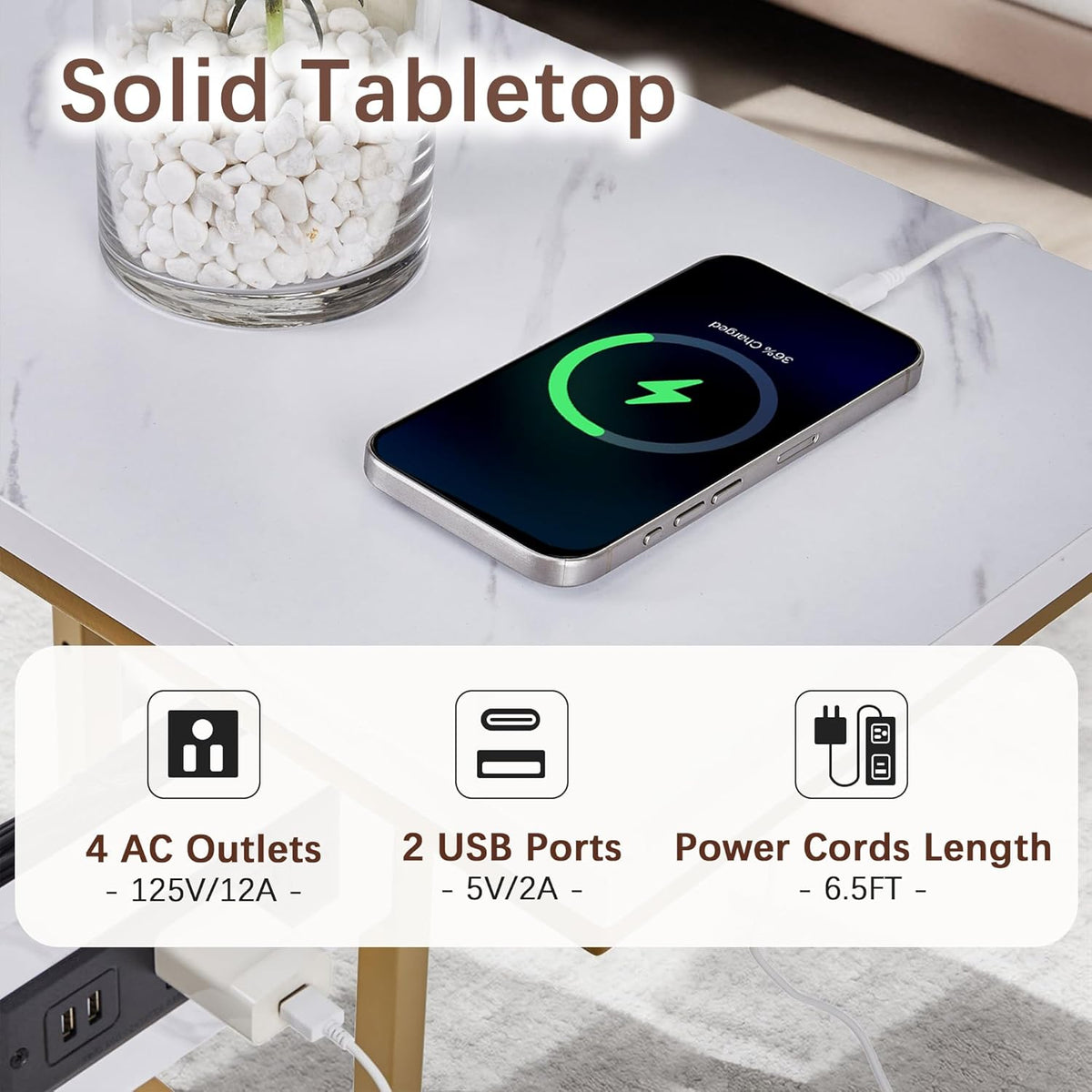 VECELO C-Shaped End Side Table Set of 2, with Charging Station & Two USB Ports and Outlets for Living Room, Bedroom, with Adjustable Feet for Couch/Sofa, Bedside, Small Spaces， Gold