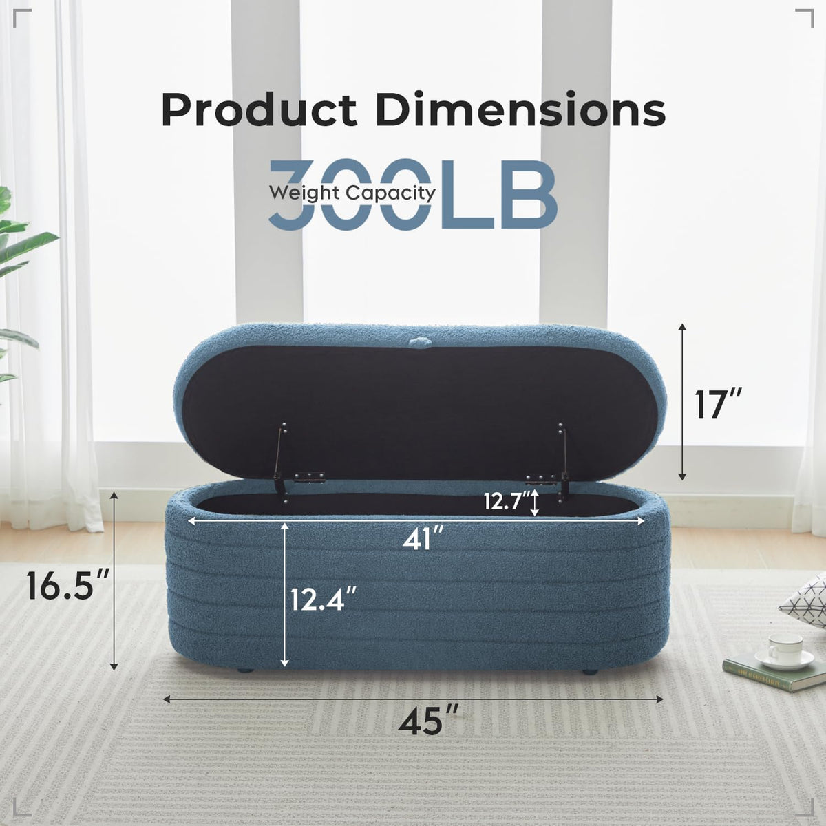 Storage Ottoman Bench End of Bed for Bedroom,45 inch Boucle Upholstered Entryway Shoe Seat Bench w/Storage,Sherpa Modern Padded Blanket Chest Stool Foot Rest for Living Room,Window Seating,Blue