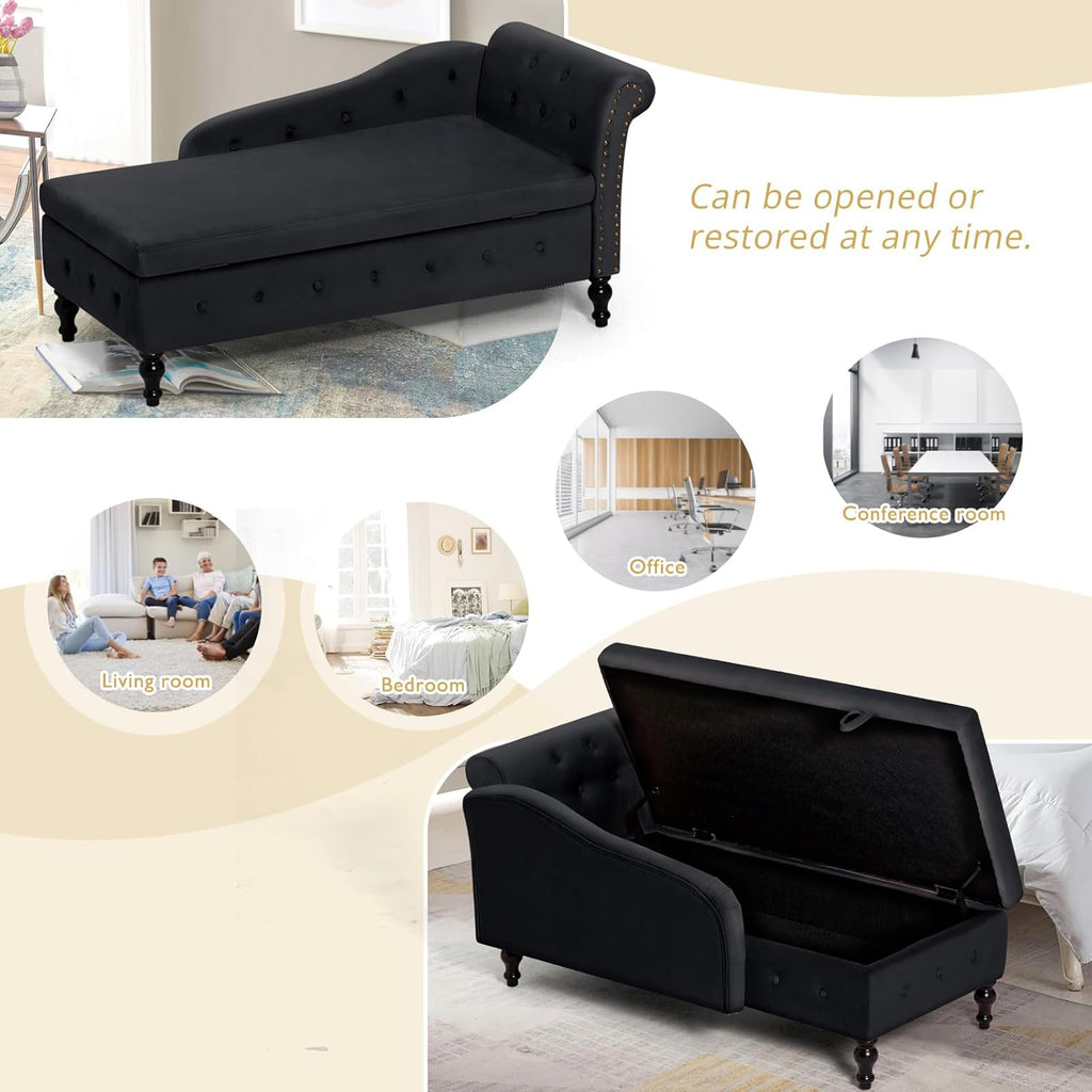 Chaise Lounge with Right Armrest & Lumbar Pillow,Button Tufted Lounge Sofa with Storage,Lounge Chair Indoor,Modern Upholstered Velvet Lounge Chair for Bedroom, Living Room and Office,Black
