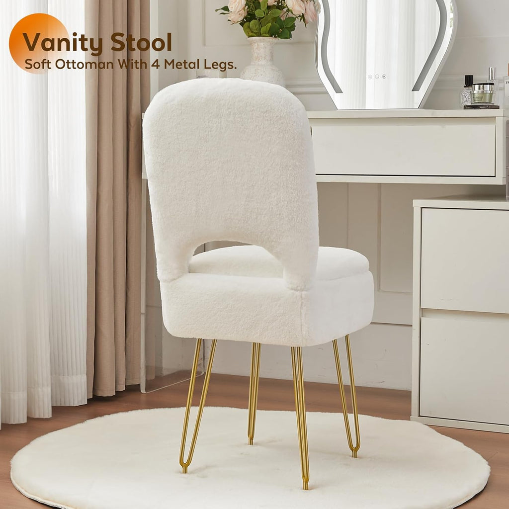 BRIAN & DANY Vanity Chair with Storage and Folding Back, Faux Fur Square Storage Chair, Vanity Stool Chair with 4 Metal Legs for Bedroom, Living Room and Makeup Stations, 13.4"x 15"x 30", White