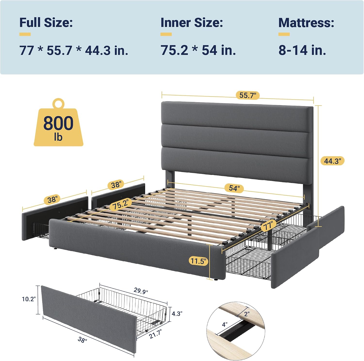 Allewie Modern Full Size Platform Bed Frame with 4 Storage Drawers