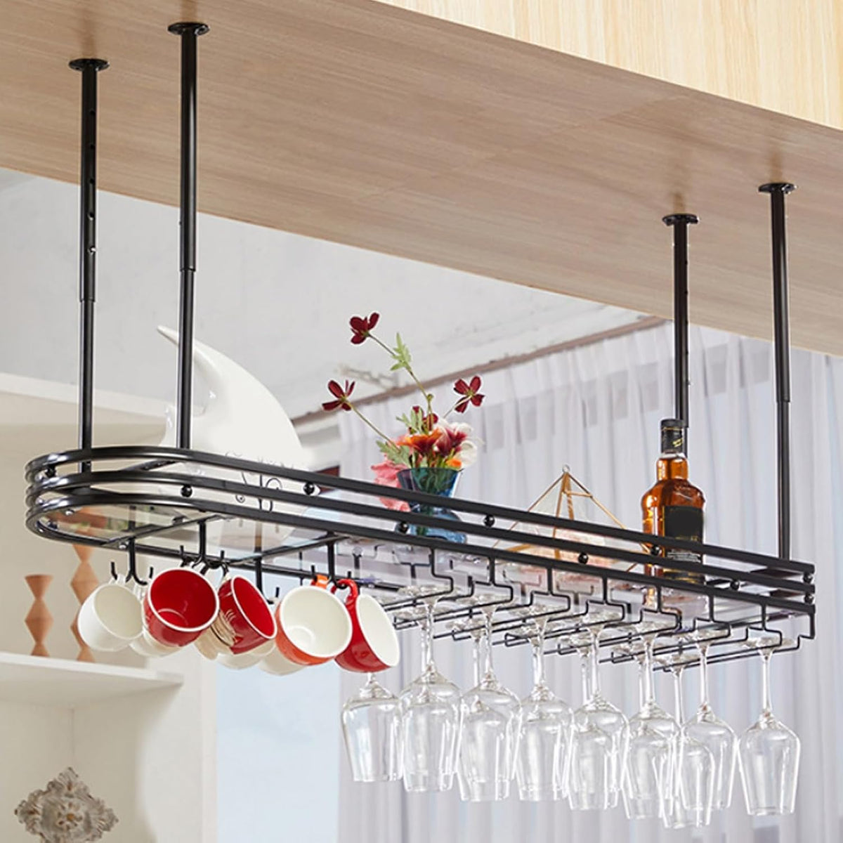 Adjustable Hanging Wine Rack, Metal Ceiling Shelf Cafe Cups, Retro Rustic for Kitchen Bar Restaurant Cellar