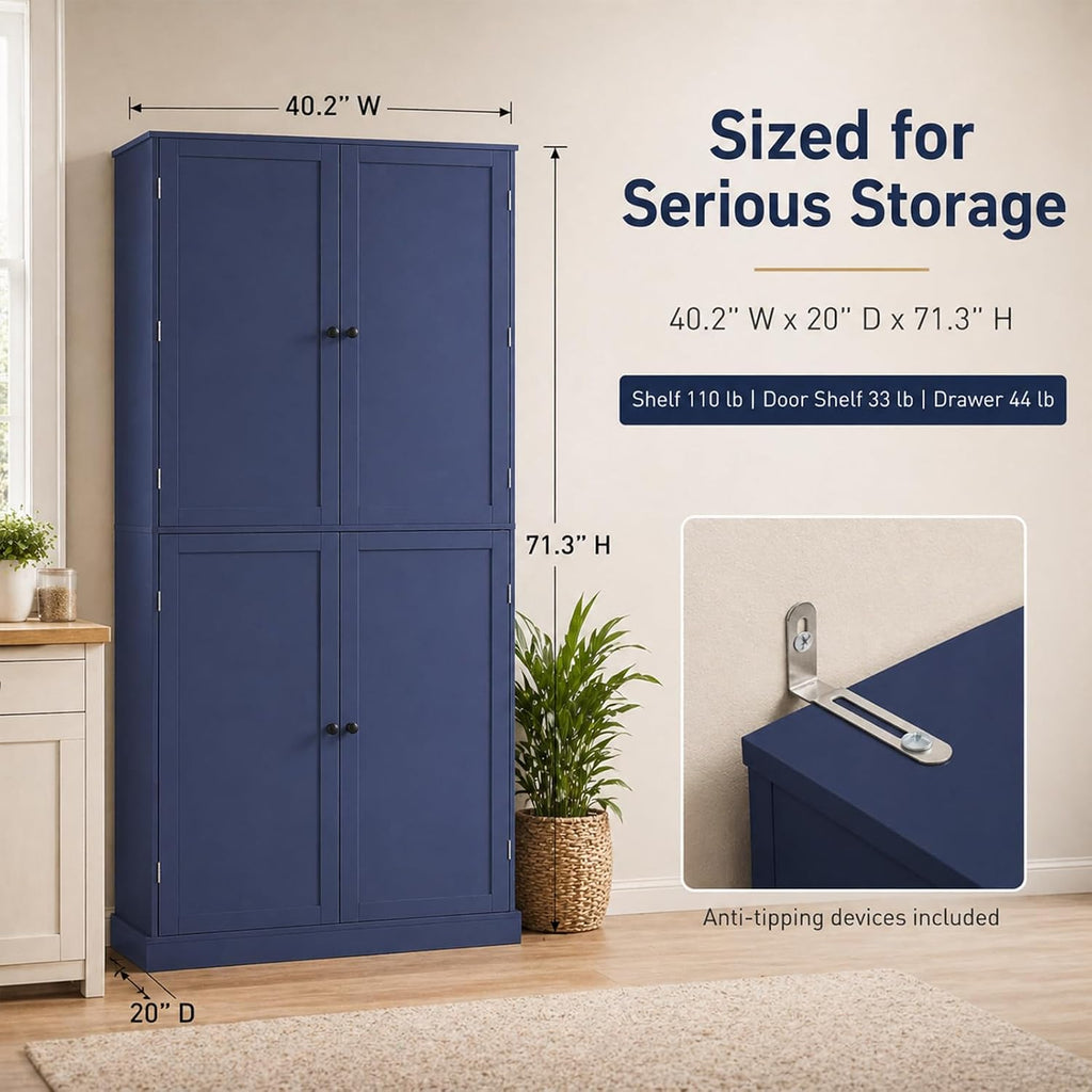 Kitchen Pantry Cabinet, 40.2" W x 20" D x 71.3" H Large Freestanding Pantry Storage Cabinet with 4 Doors, 2 Drawers, 8 Door Shelves, 2 Adjustable Shelves, Farmhouse Kitchen Cupboard (Blue)