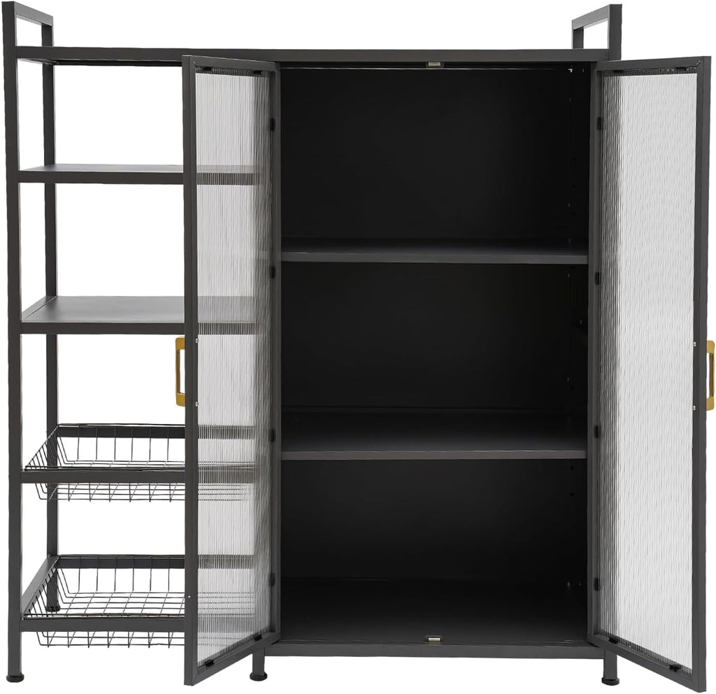 Kitchen Pantry Cabinet with Clear Doors, Metal Sideboard with Open Storage Shelf and Baskets Floor-Standing Organizer for Dining Room Living Room Bar