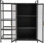 Kitchen Pantry Cabinet with Clear Doors, Metal Sideboard with Open Storage Shelf and Baskets Floor-Standing Organizer for Dining Room Living Room Bar