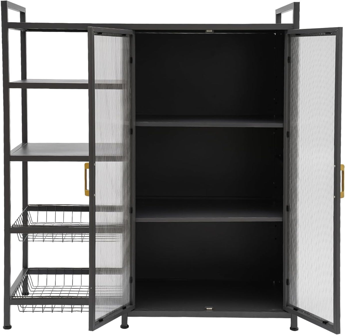Kitchen Pantry Cabinet with Clear Doors, Metal Sideboard with Open Storage Shelf and Baskets Floor-Standing Organizer for Dining Room Living Room Bar