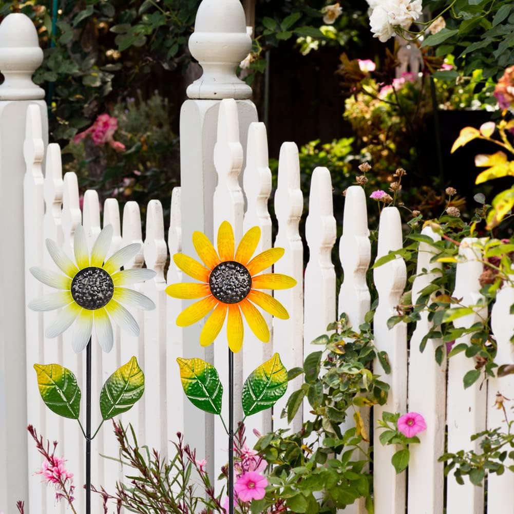 2Pack Garden Wind Spinners,Metal Wind Sculptures Outdoor Windmill Flower Pinwheel Decorations for Yard Lawn Patio Decor(Yellow and White)
