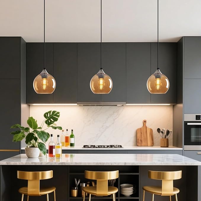 Amber Glass Pendant Lights Kitchen Island Globe Pendant Light Fixtures Modern Pendant Lighting for Bedroom Living Dining Room Light Fixture (5.9 in, 1 Pack)