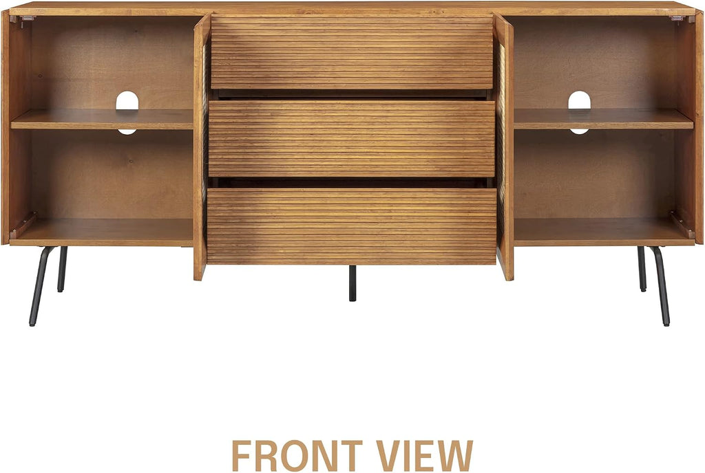 NTC MOSSIC Modern Large Sideboard with 2 Doors 3 Drawers, Natural Rattan Storage Cabinet, Buffet with Metal Legs, Boho Accent Cabinet for Living Room, and Entryway, Effortless Assembly, Teak Look