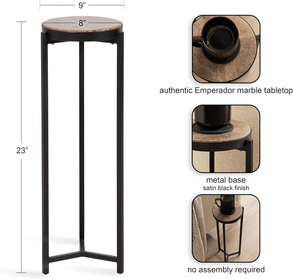 Kate and Laurel Aguilar Modern Round Drink Table, 9 x 9 x 23, Emperador Brown Marble and Black, Genuine Marble Accent Table for Use as Indoor Plant Stand or Pedestal Martini Table