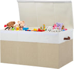 Extra Large Toy Storage Box with Lid,Toy Chest Bin Basket with Dividers | Sturdy Toy Organizer Bin for Kids, Boys, Girls, Nursery, Closet, Bedroom, Playroom 35.5"x17" x17" (Beige and White)