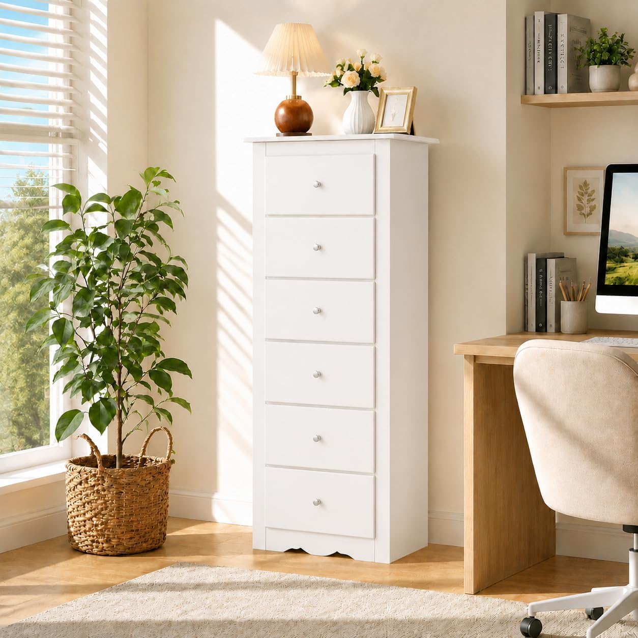 POWERSTONE 6-Drawer Storage Cabinet, 53 Inch Tall Wooden File Cabinet with Metal Pull Handles, Multi-Functional Office Supplies Organizer for Home Office, Living Room, Hallway, Entryway, White