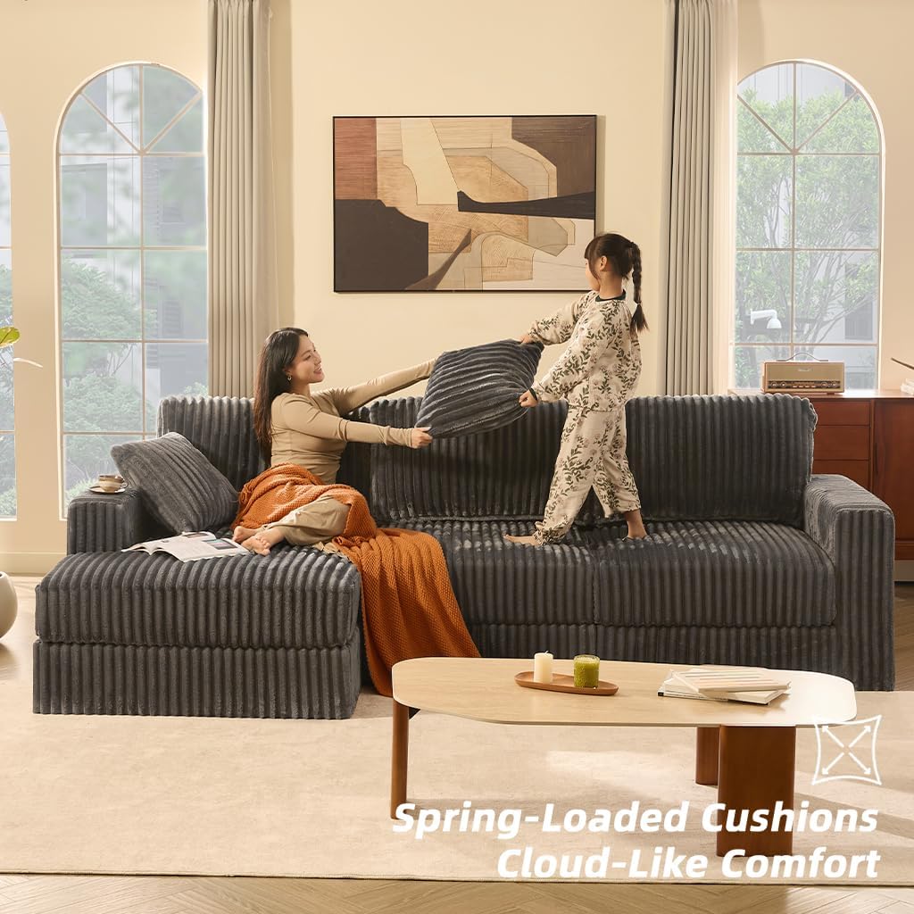 GOSUHI 113" L-Shaped Cloud Couch, Modular Sectional, Deep Seats, Grey | Pocket Spring Cushions, Oversized 3-Seater, Left Facing Chaise, Corduroy Upholstery Couches for Living Room