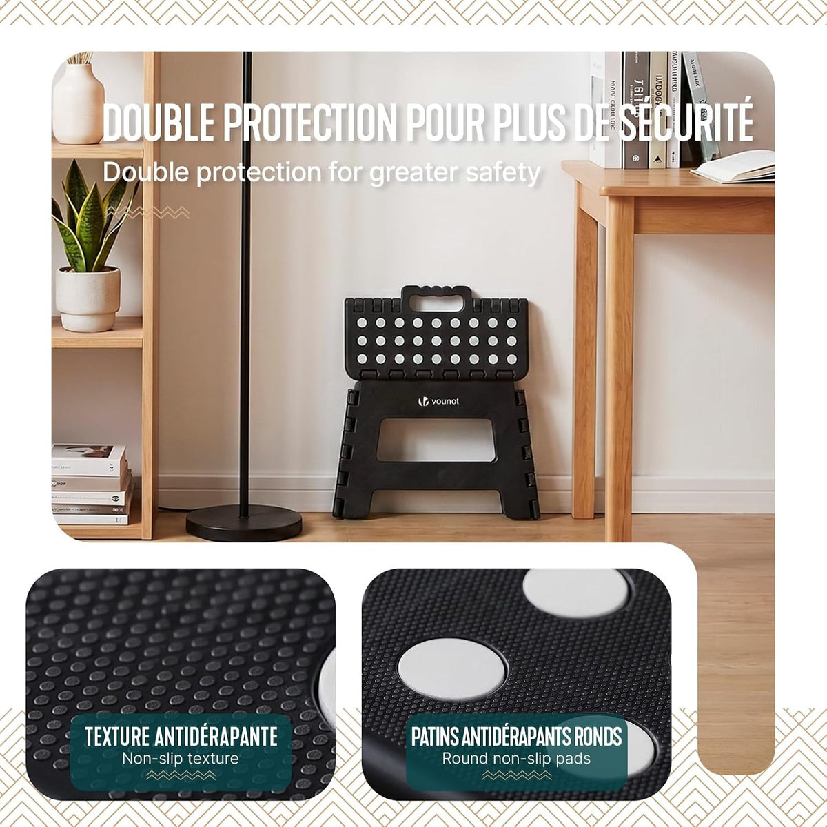 VOUNOT® Folding Step Stool, Portable Stepping Stool with Carrying Handle, Anti-Slip Folding Stool for Bathroom, Garden, Camping, Home, 32 x 25 x 22 cm, Black