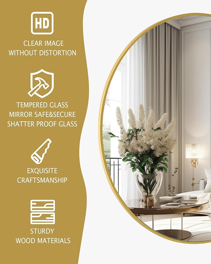 Gold Round Mirror,Bathroom 24 Inch Vanity Wall Mirror,Modern Circle Mirror for Wall,Wood Mirror for Bedroom Living Room Entryway