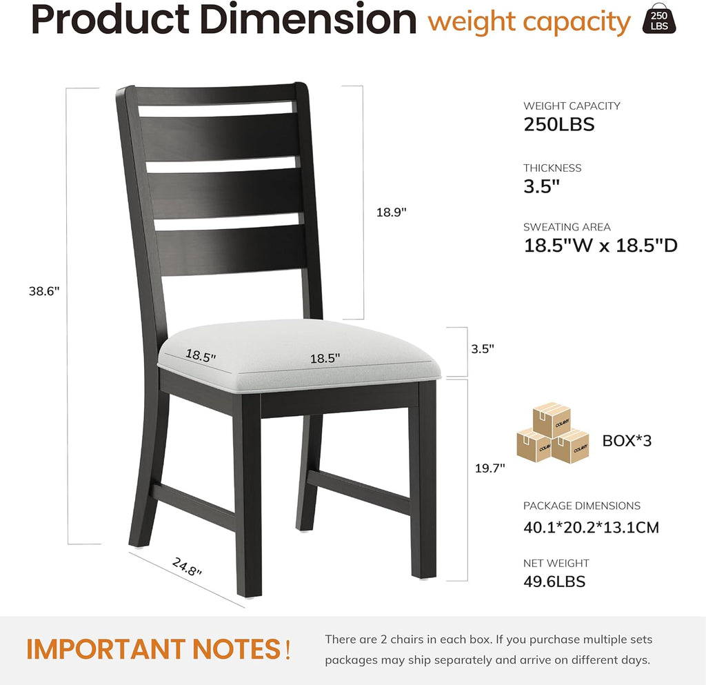COLAMY Wooden Dining Chairs Set of 6, Farmhouse Upholstered Dining Room Chairs with 3.5" Thick Cushion, FSC Solid Wood Ladder Back Kitchen Chairs for Home and Restaurant, Easy Clean,Black