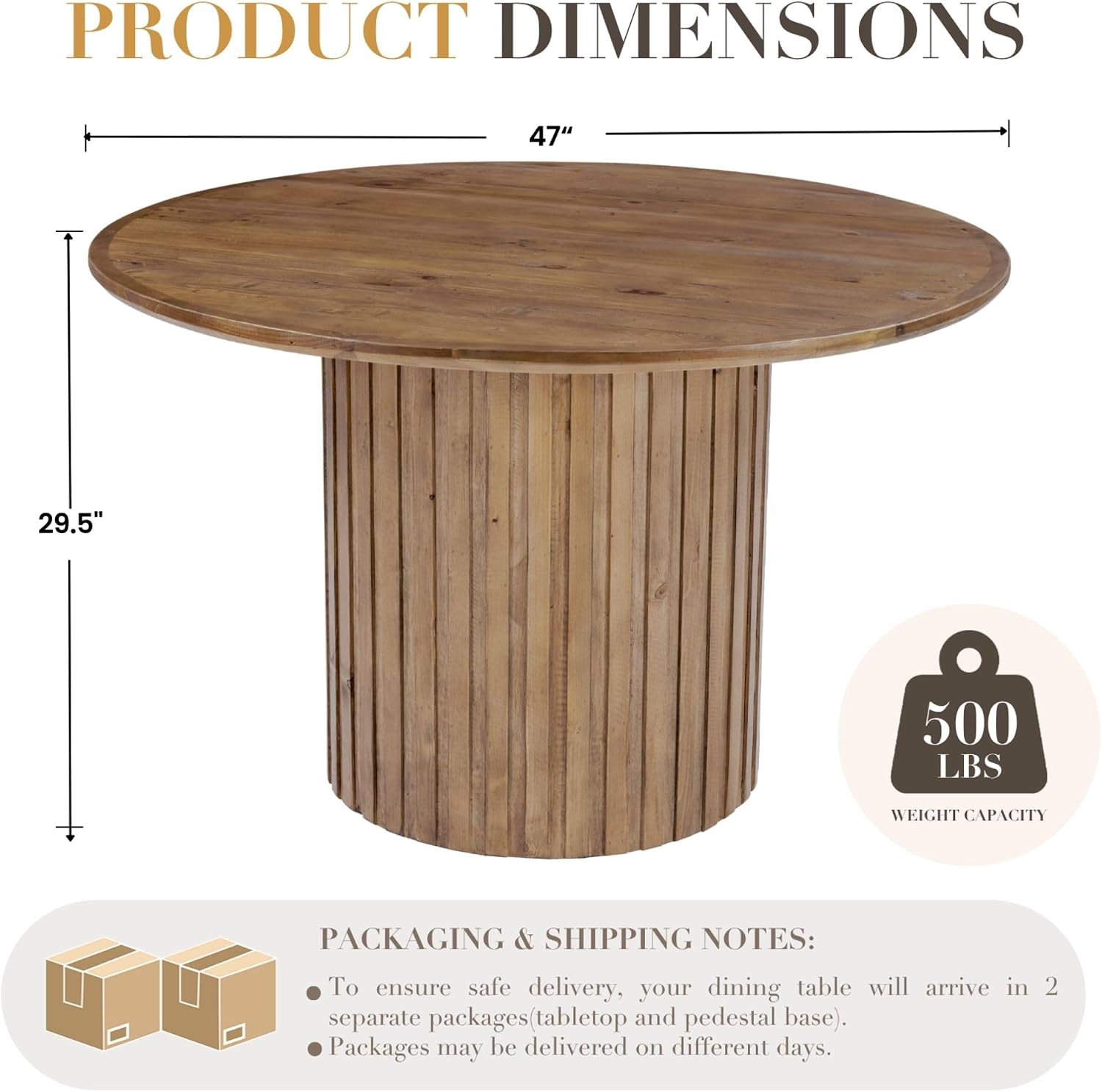 Reclaimed Round Pedestal Dining Table for 4-6 People, 47 Inch Wood Farmhouse Kitchen Table with Fluted Base, Rustic Circular Dining Table for Dining Room, Kitchen & Restaurant, Walnut