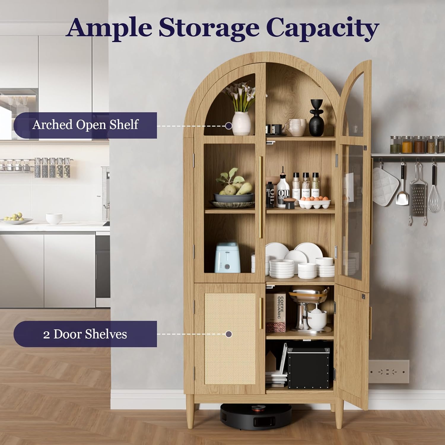 71" Tall Arched Cabinet with Glass Doors, Kitchen Pantry Storage Cabinet with Dust-Proof Rattan, 5-Tier Curio China Cabinet with Adjustable Shelves for Living Room Dining Room, Oak