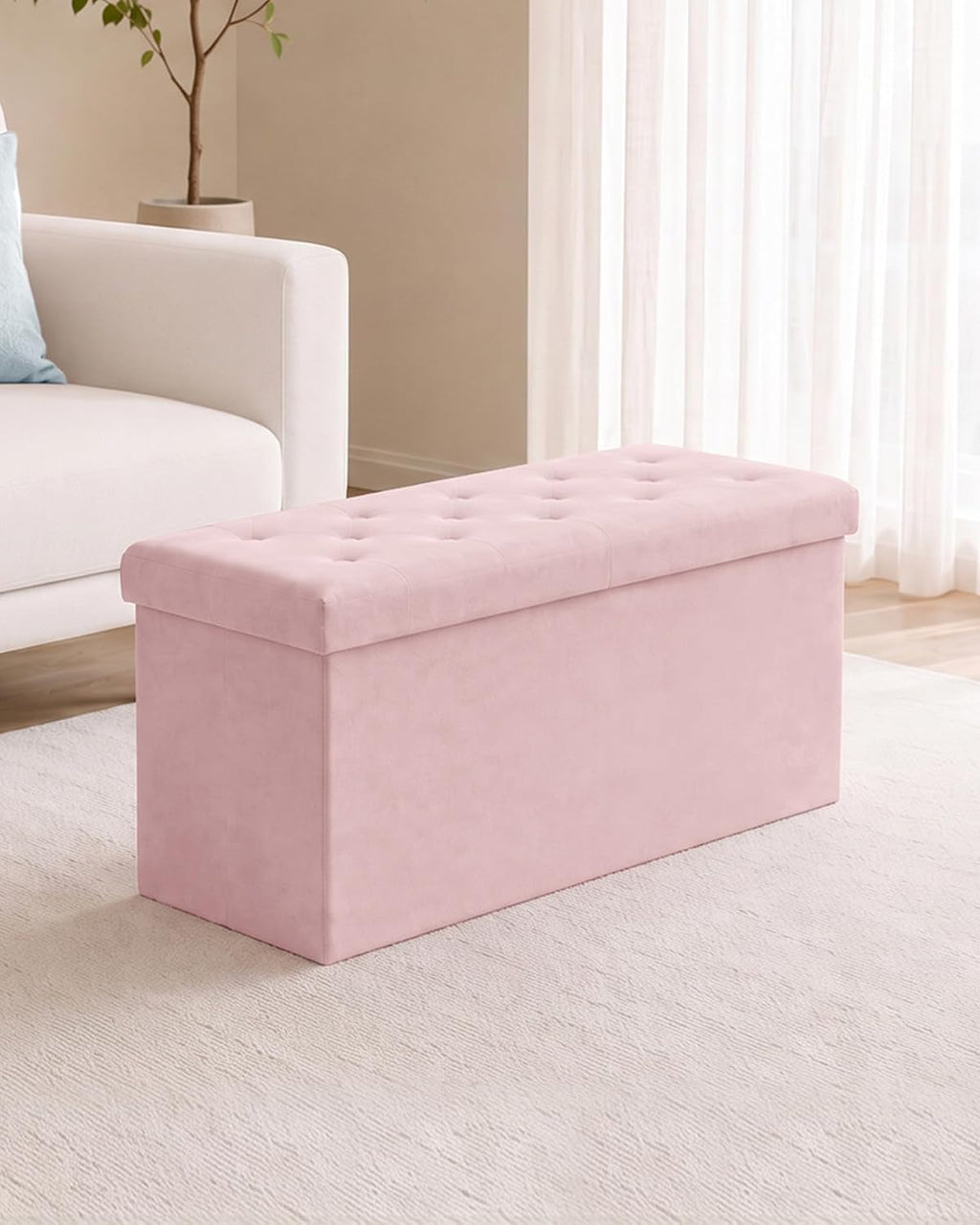 B FSOBEIIALEO Folding Storage Ottoman, Long Ottomans Shoes Bench, Velvet Storage Chest Footrest Seat 31.5"x15.7"x15.7" (Pink, Large)