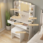 Vabches White Makeup Vanity Desk with Lighted Mirror & Charging Station | 2 Large Drawers，Vanity Mirror 3 Lighting Color Adjustable,Cushioned Stool,Storage Drawers and Shelves