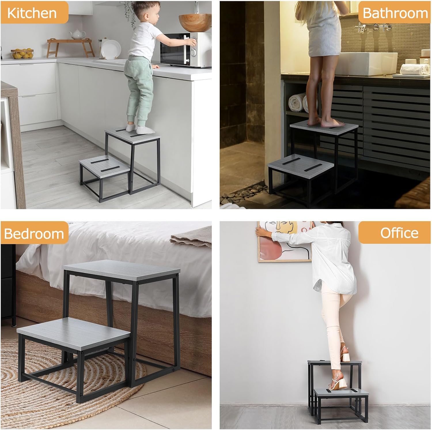 LIANTRAL 2 Step Stool for Adults, 2 in1 Foot Stool for High Bed, Kitchen,RV | Heavy Duty, Non-Slip, Steel Frame & Wooden Steps, 500lbs Load Capacity, Gray