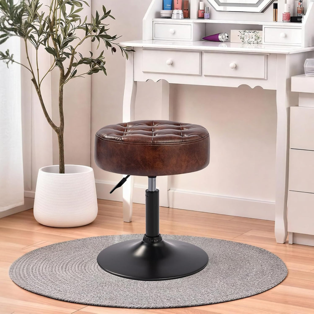 Velvet Tufted Makeup Chair, 360° Swivel Adjustable Vanity Chair Ottoman Stool Vanity Stool for Bedroom Modern Accent Chairs Big Size Stools for Living Room Bathroom, PU, Darkbrown