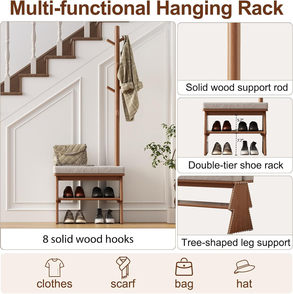 Coat Rack with Shoe Storage,Shoe Rack whit 8 Hook for Offices、Bedroom、Living Room,Small Shoe Bench,Walnut