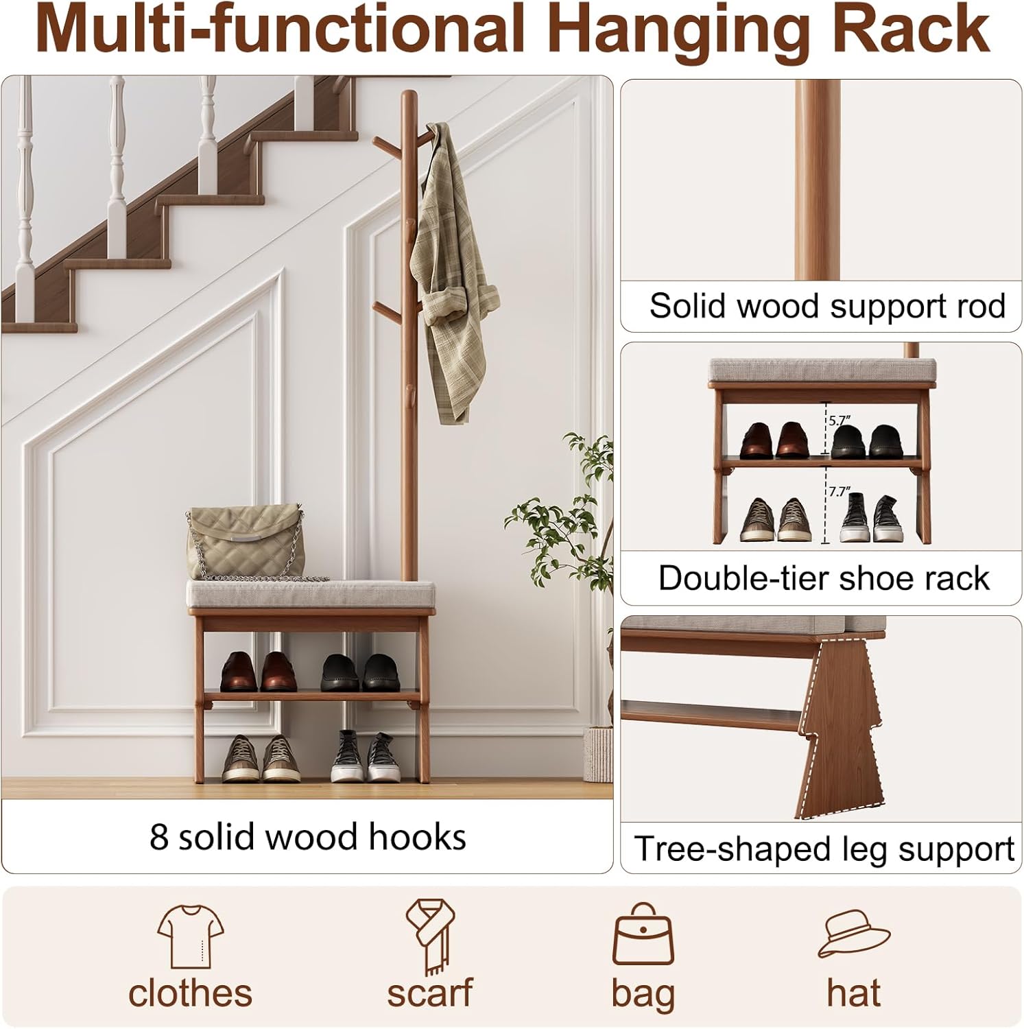 Coat Rack with Shoe Storage,Shoe Rack whit 8 Hook for Offices、Bedroom、Living Room,Small Shoe Bench,Walnut