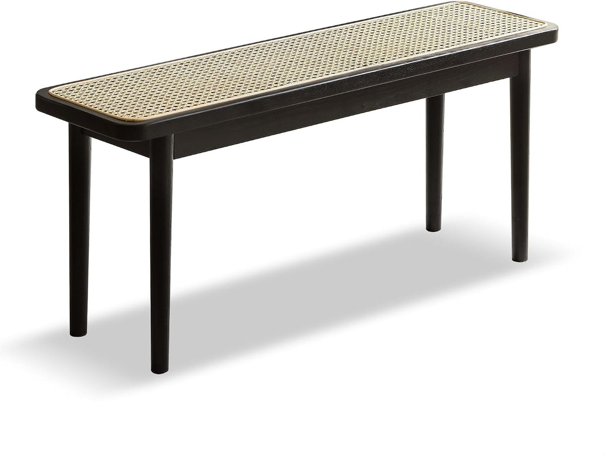 47.24" Modern Oak Wood Dining Bench with Woven Rattan Seat Solid Wood Entryway Bench for Bedroom End of Bed Living Room, Black