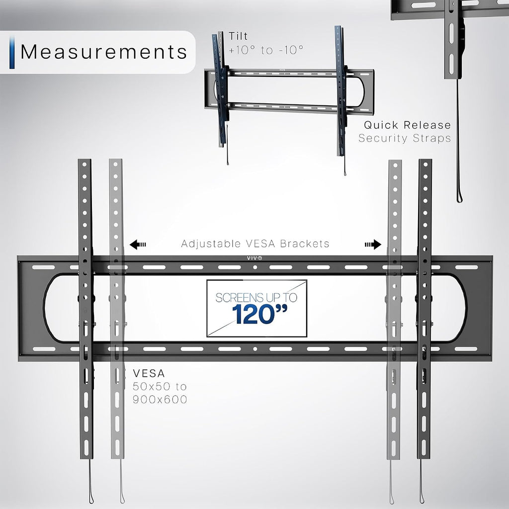 VIVO Black TV Wall Mount with Tilt for 60 to 120 inch Screens, MOUNT-VW120T | Heavy Duty Steel, Tilting TV Wall Bracket fits LCD LED Curved and Flat Panel Screens, Max VESA 900x600mm, Holds 264 lbs