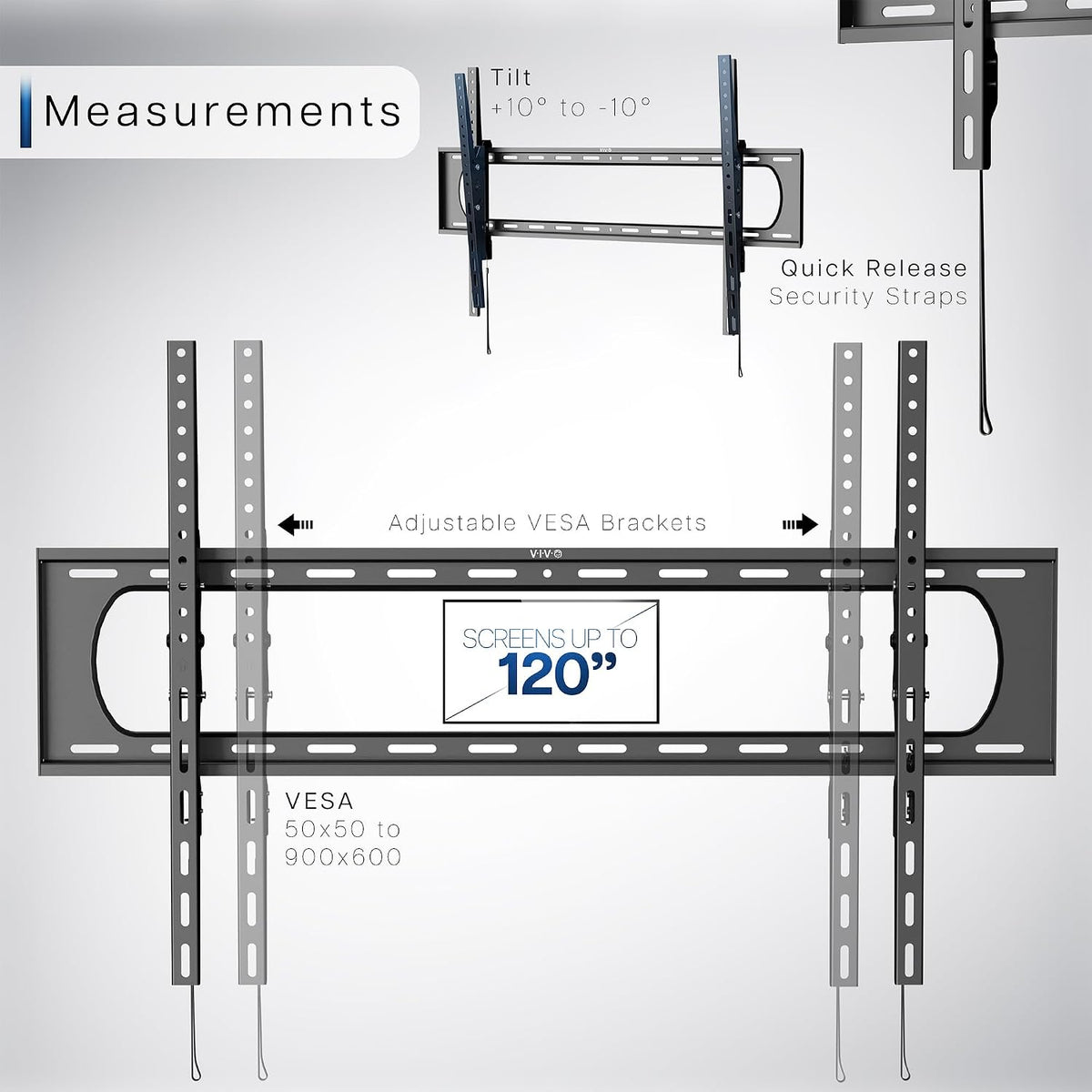 VIVO Black TV Wall Mount with Tilt for 60 to 120 inch Screens, MOUNT-VW120T | Heavy Duty Steel, Tilting TV Wall Bracket fits LCD LED Curved and Flat Panel Screens, Max VESA 900x600mm, Holds 264 lbs