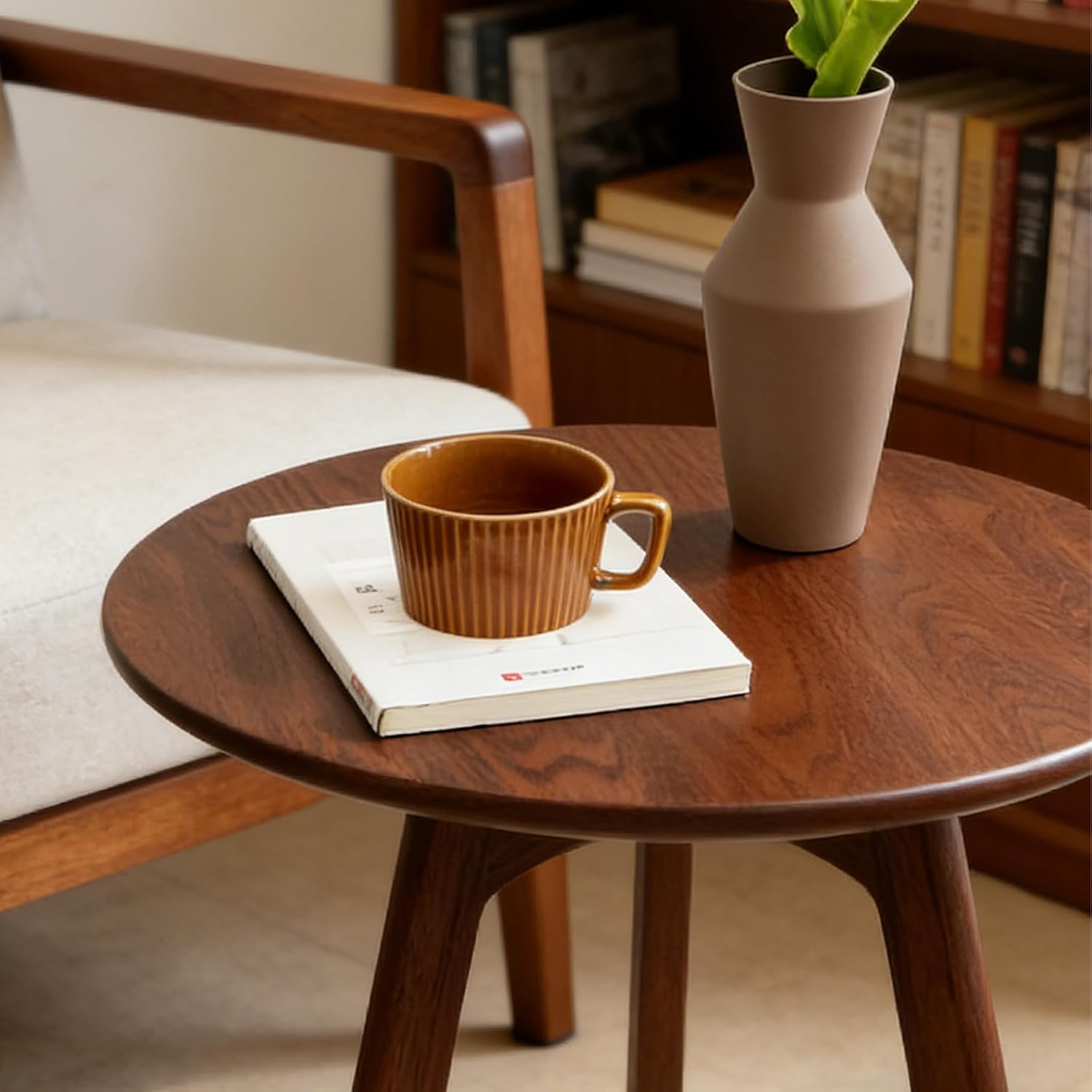 Walnut Small Round Side Table, Solid Oak Wood End Table with 3-Leg Design for Living Room, Bedroom & Office – Walnut Finish, Space-Saving Accent Table