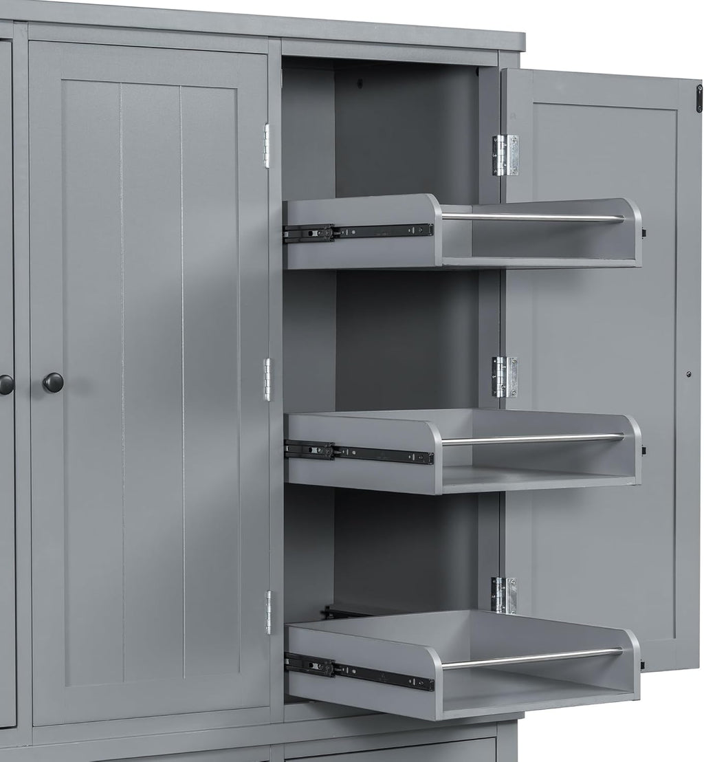 Merax 74.8'' Tall Kitchen Pantry Storage Cabinet with 6 Doors, 3 Drawers and Adjustable Shelves, Freestanding Large Cupboard & Pull-Out Trays for Kitchen, Dining Room, Living Room, Gray
