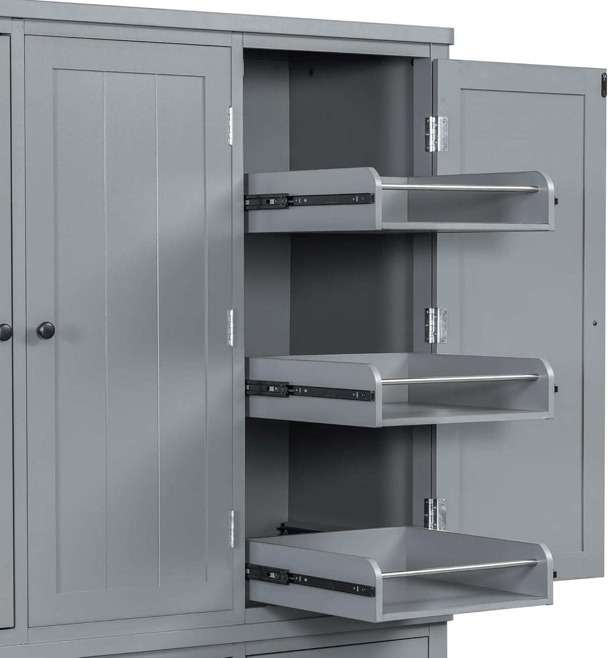 Merax 74.8'' Tall Kitchen Pantry Storage Cabinet with 6 Doors, 3 Drawers and Adjustable Shelves, Freestanding Large Cupboard & Pull-Out Trays for Kitchen, Dining Room, Living Room, Gray