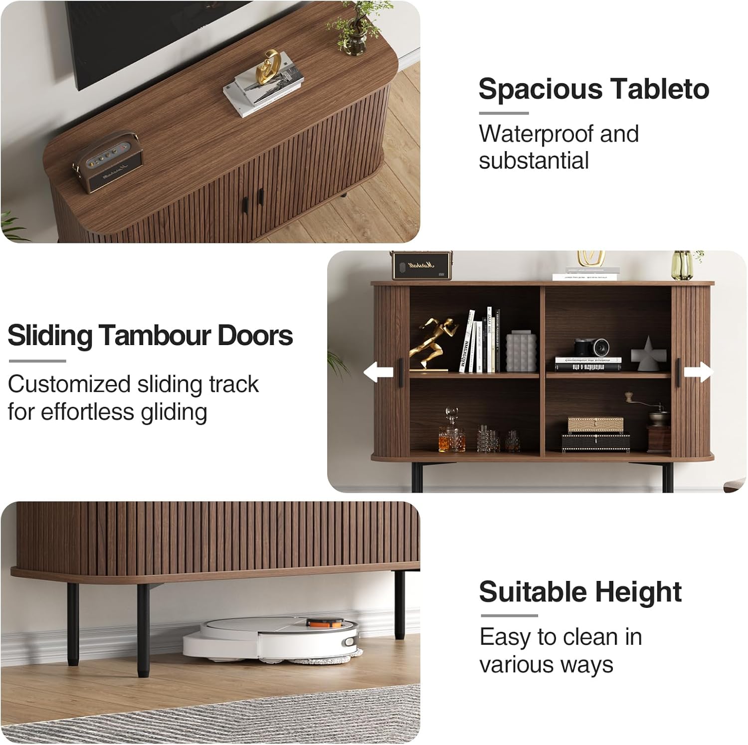 FiveWillowise 47''W x 32''H Buffet Sideboard Cabinet with Storage, Fluted Storage Accent Cabinet with Curvy Edge, Sliding Door, Credenza, Console Table for Living Room, Kitchen, Walnut
